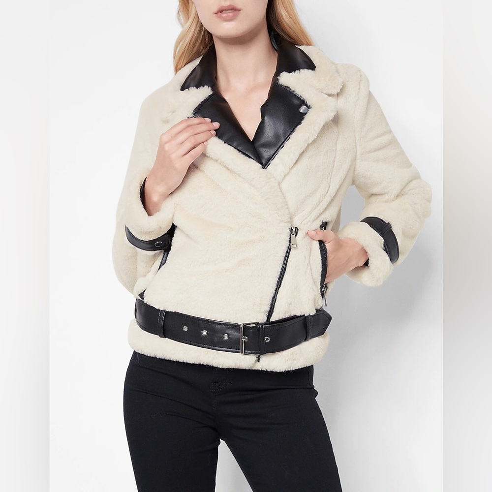 NWOT🌸Gorgeous Faux Fur With Leather Trim Moto Style Jacket by Frank Lyman